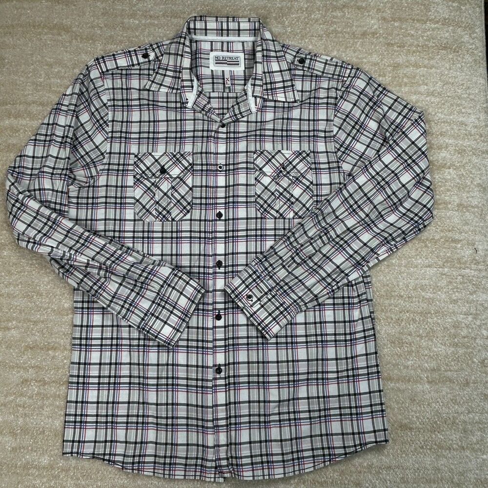 No Retreat Mens XL Blue Plaid Long Sleeve Button Front Casual Shirt Washington